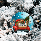 Vintage Christmas Trucks Set 3 Sublimated Ceramic Ornament 3" Set Of 5