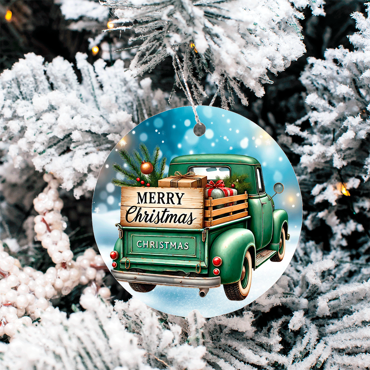 Vintage Christmas Trucks Set 3 Sublimated Ceramic Ornament 3" Set Of 5