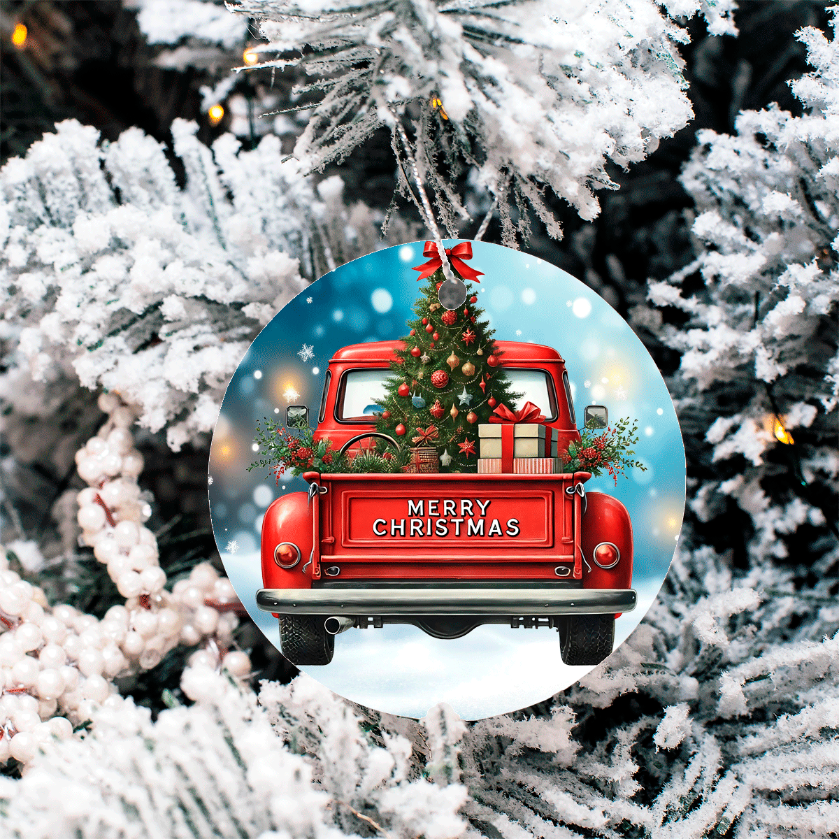 Vintage Christmas Trucks Set 1 Sublimated Ceramic Ornament 3" Set Of 5