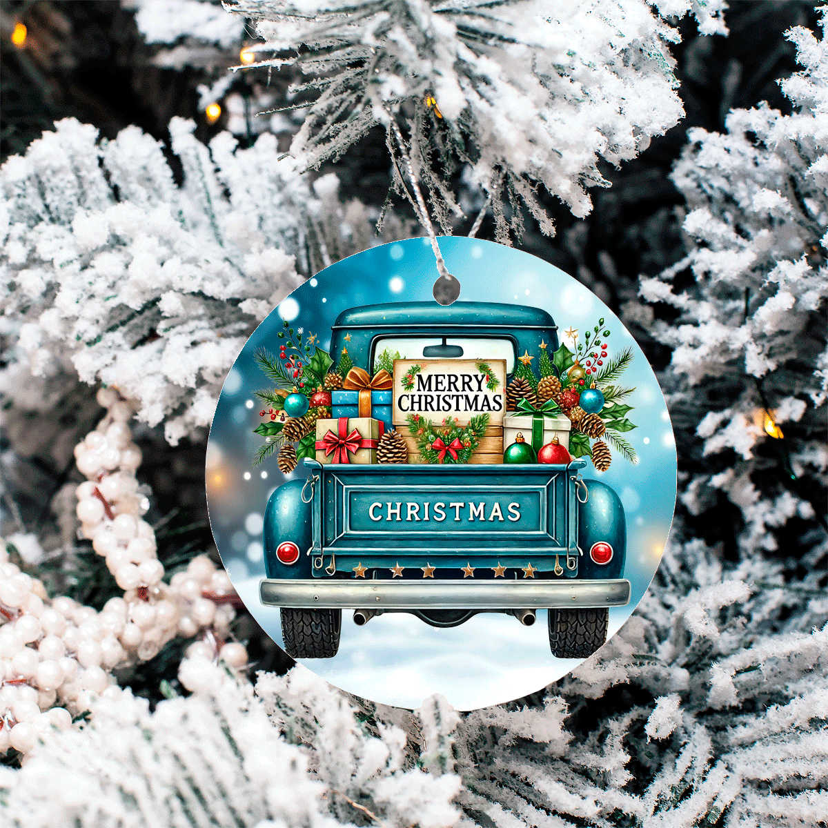 Vintage Christmas Trucks Set 1 Sublimated Ceramic Ornament 3" Set Of 5