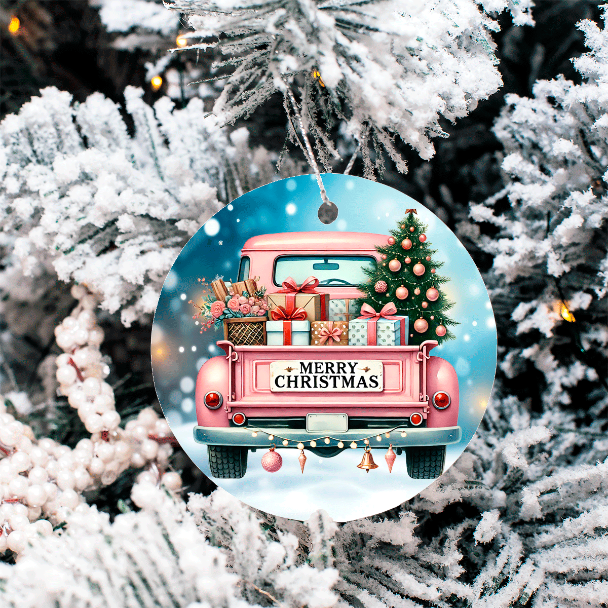 Vintage Christmas Trucks Set 1 Sublimated Ceramic Ornament 3" Set Of 5