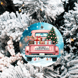 Vintage Christmas Trucks Set 1 Sublimated Ceramic Ornament 3" Set Of 5
