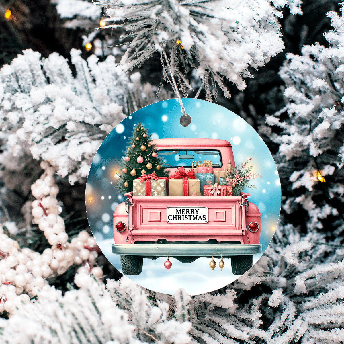 Vintage Christmas Trucks Set 2 Sublimated Ceramic Ornament 3" Set Of 5
