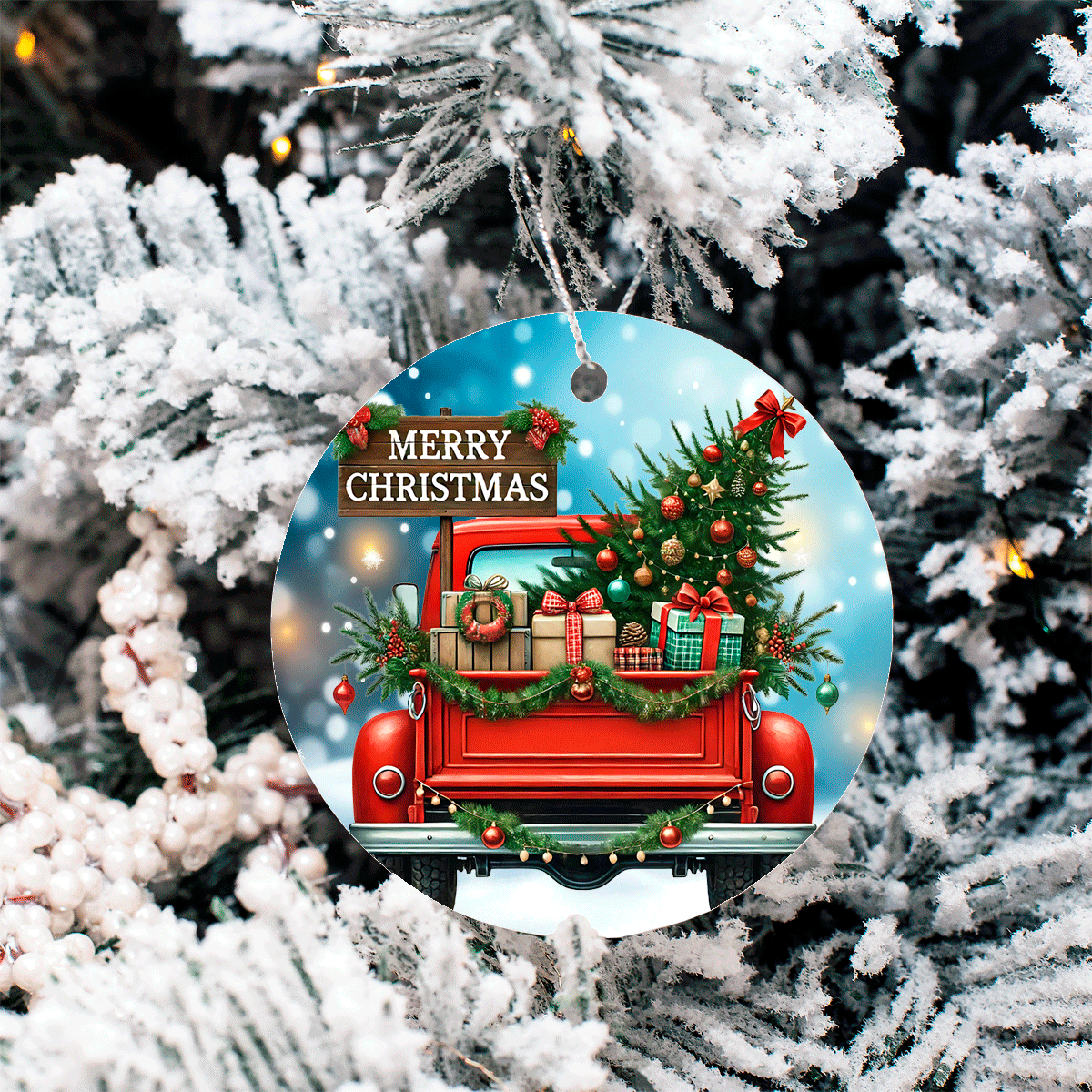 Vintage Christmas Trucks Set 2 Sublimated Ceramic Ornament 3" Set Of 5