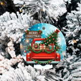 Vintage Christmas Trucks Set 2 Sublimated Ceramic Ornament 3" Set Of 5