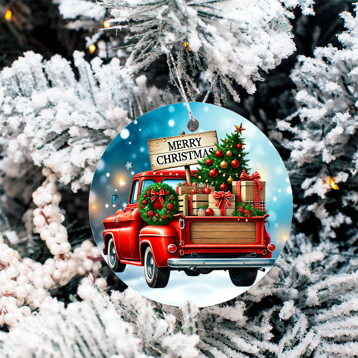 Vintage Christmas Trucks Set 2 Sublimated Ceramic Ornament 3" Set Of 5