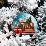 Vintage Christmas Trucks Set 2 Sublimated Ceramic Ornament 3" Set Of 5