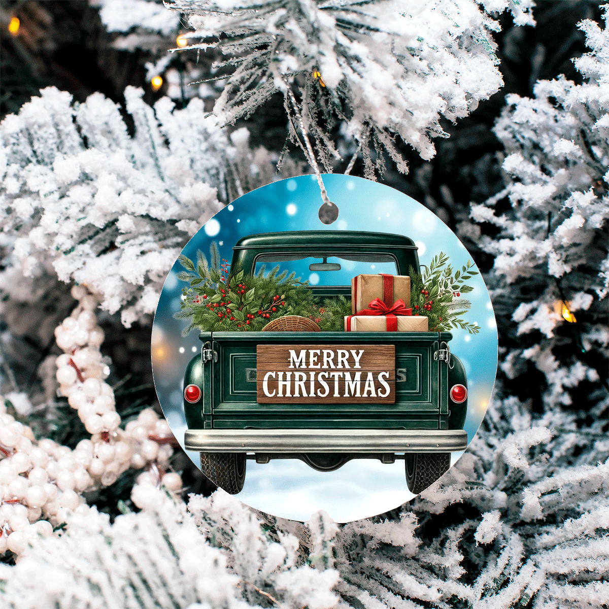 Vintage Christmas Trucks Set 2 Sublimated Ceramic Ornament 3" Set Of 5