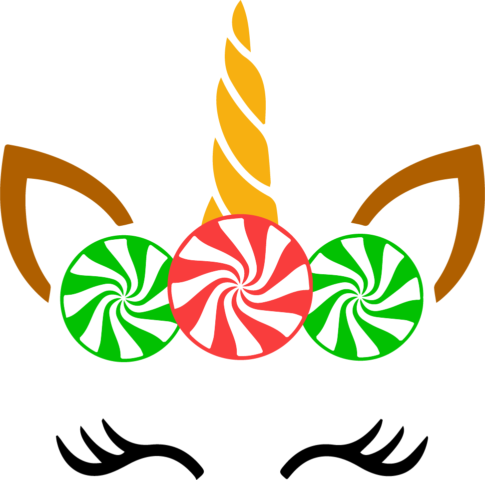 Unicorn head with candy cane pattern, antlers, and a horn on a white background