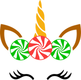 Unicorn head with candy cane pattern, antlers, and a horn on a white background