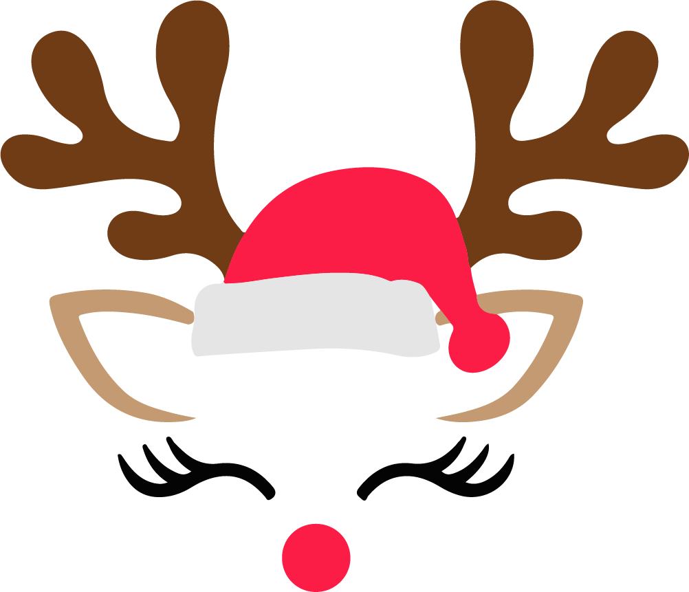 Cartoon reindeer face with a Santa hat on a white background