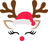 Cartoon reindeer face with a Santa hat on a white background