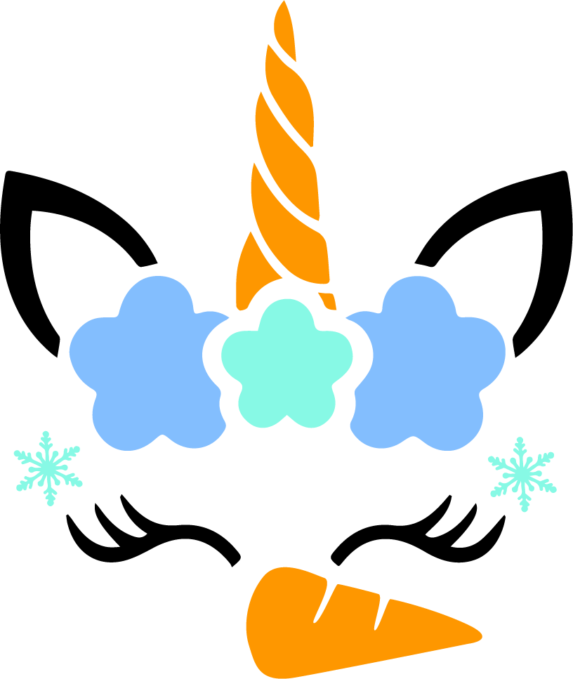 Unicorn face design with a carrot, snowflakes, and a rainbow horn on a white background