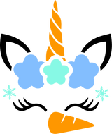 Unicorn face design with a carrot, snowflakes, and a rainbow horn on a white background