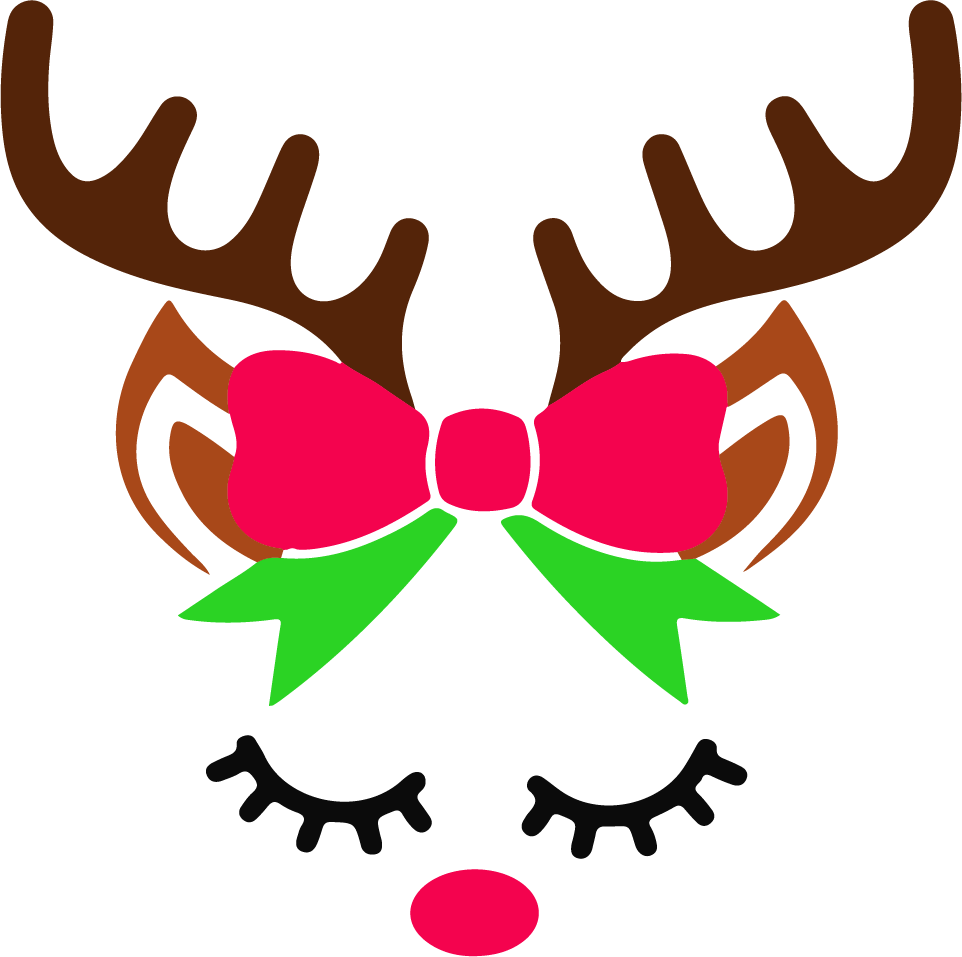 Cartoon reindeer face with a pink bow and green ribbons on a white background