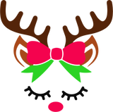 Cartoon reindeer face with a pink bow and green ribbons on a white background