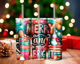 Three colorful tumblers with Christmas designs on a wooden surface with blurred lights and presents in the background.