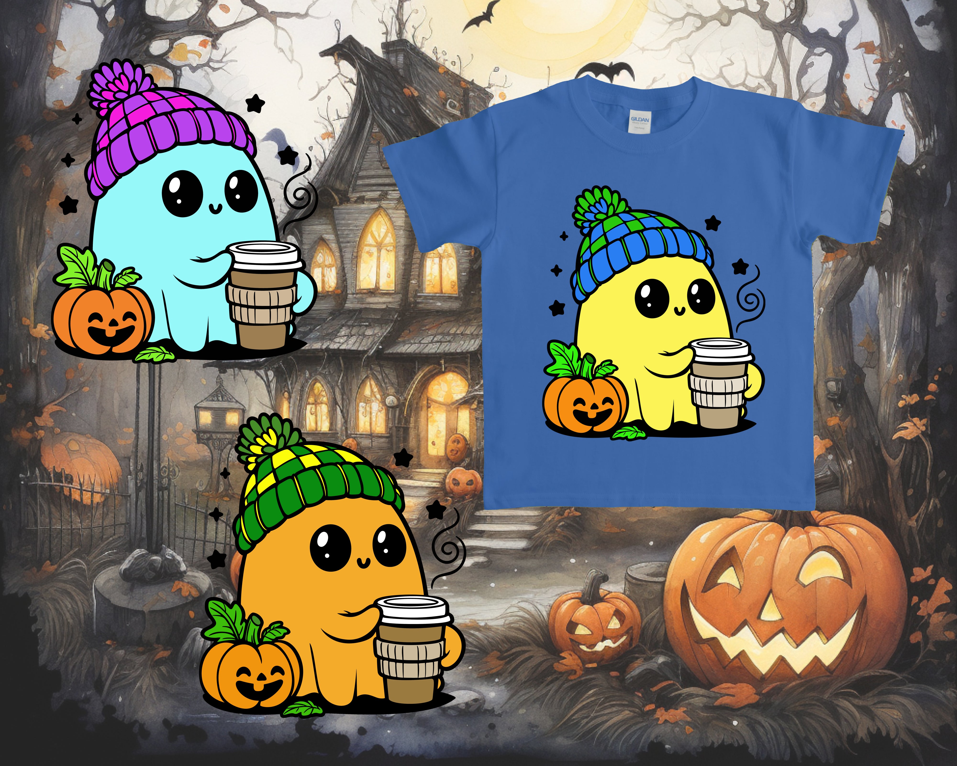 Blue t-shirt with cartoon character design featuring pumpkins and a haunted house in the background