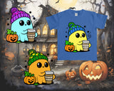 Blue t-shirt with cartoon character design featuring pumpkins and a haunted house in the background
