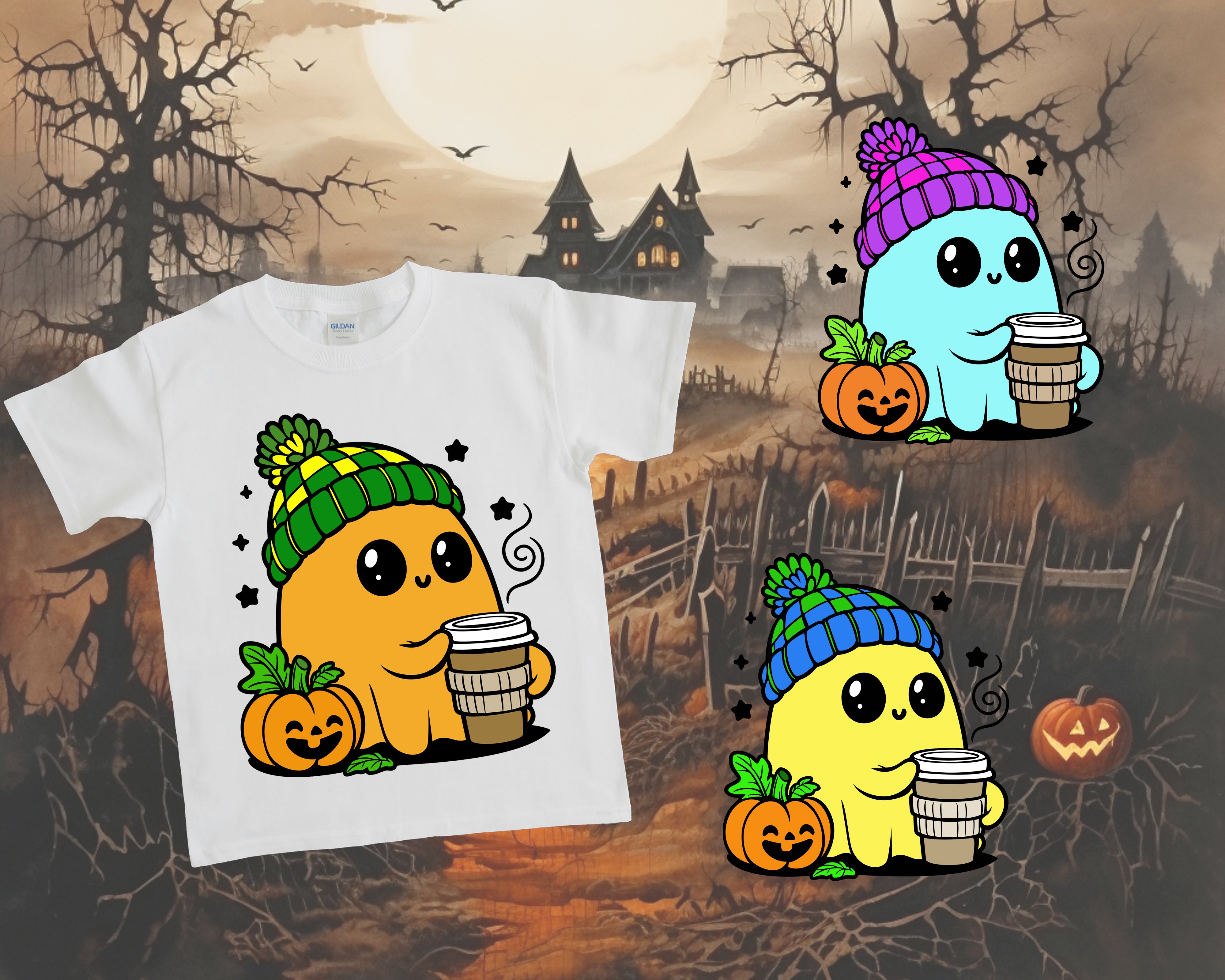 White t-shirt with cartoon character design featuring pumpkins and a moonlit graveyard background