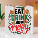 Three white tumblers with festive designs and text on a blurred background