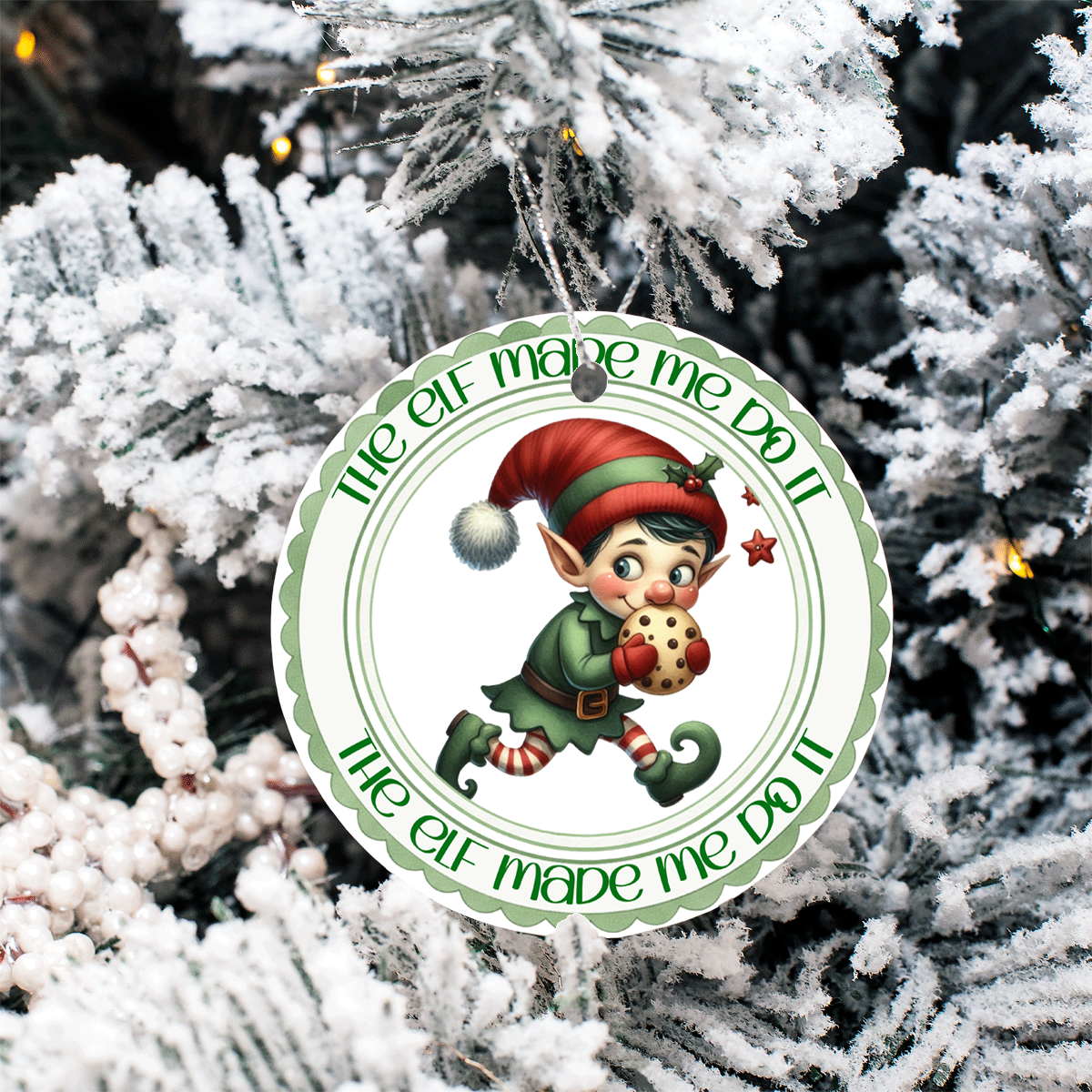 Christmas ornament with an elf design on a snowy tree background