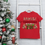 Red t-shirt with 'Family Christmas Crew 2025' text next to a decorated Christmas tree.