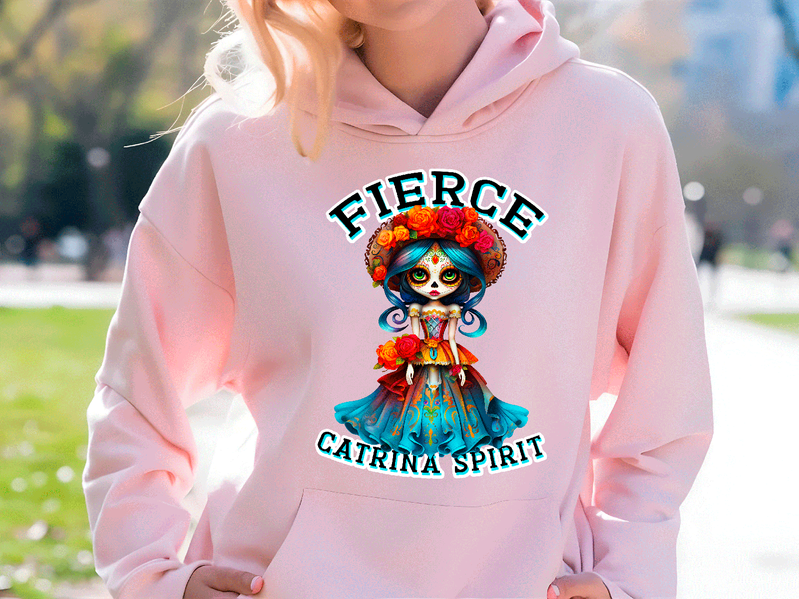 Fierce Catrina Spirit Halloween HTV Graphic Ladies Pullover Hoodies