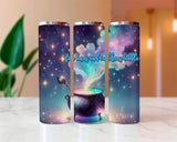 Three cylindrical tumbler with a fantasy design featuring a cauldron and text on a marble surface.