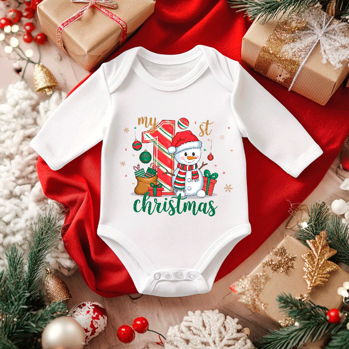 My First Christmas Sublimated Infant Long Sleeve Bodysuits