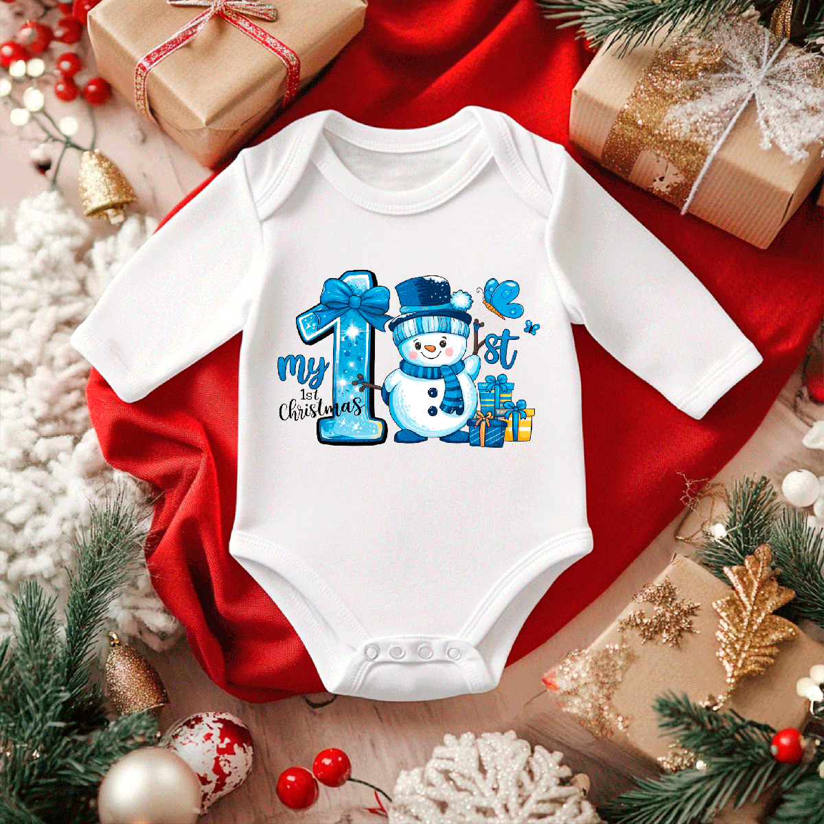 My First Christmas Sublimated Infant Long Sleeve Bodysuits