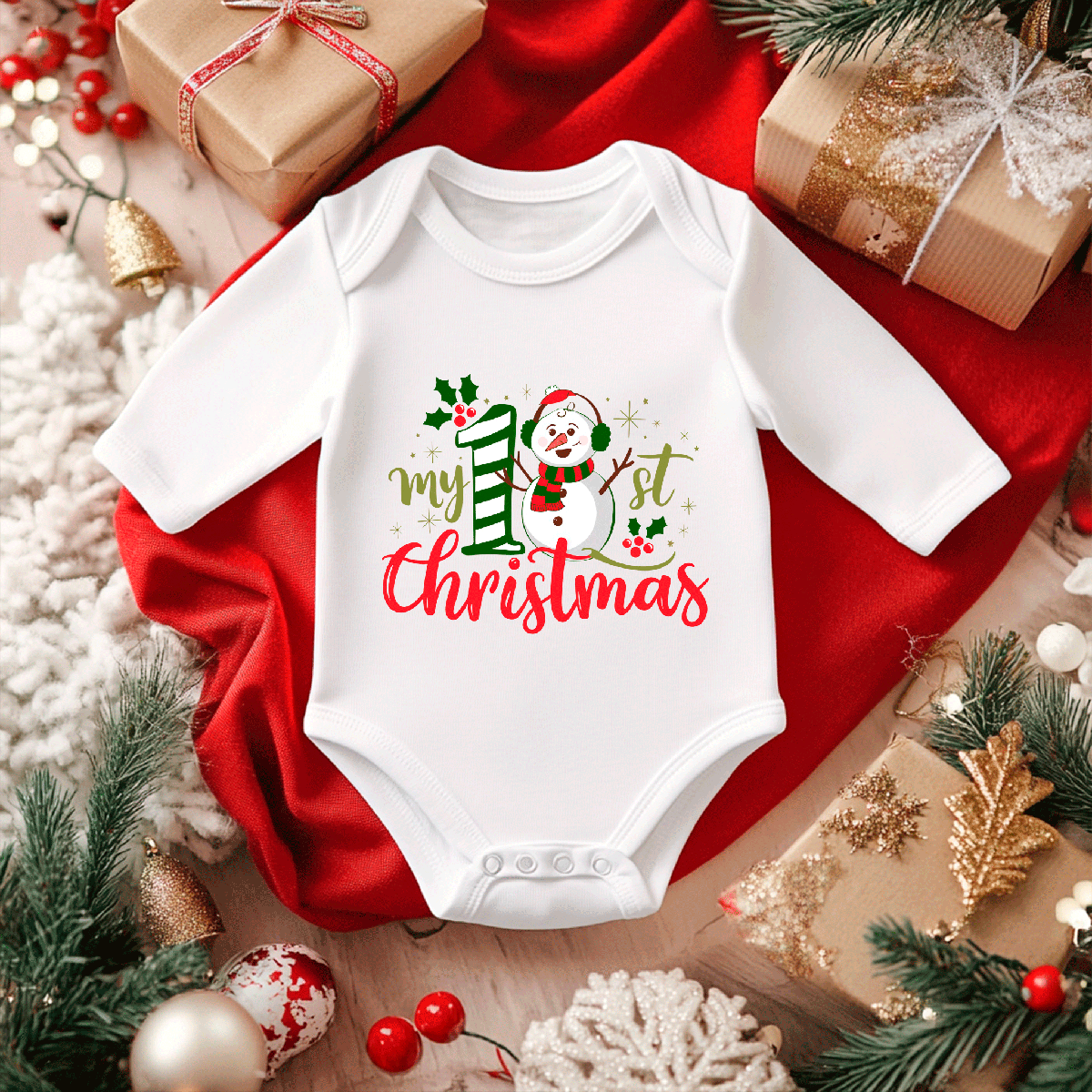 My First Christmas Sublimated Infant Long Sleeve Bodysuits