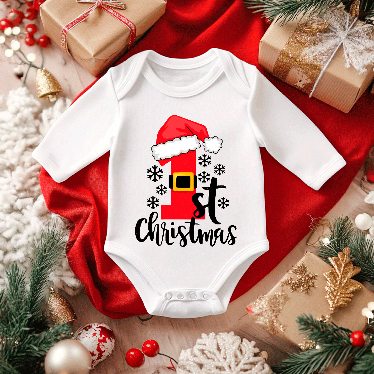 My First Christmas Sublimated Infant Long Sleeve Bodysuits