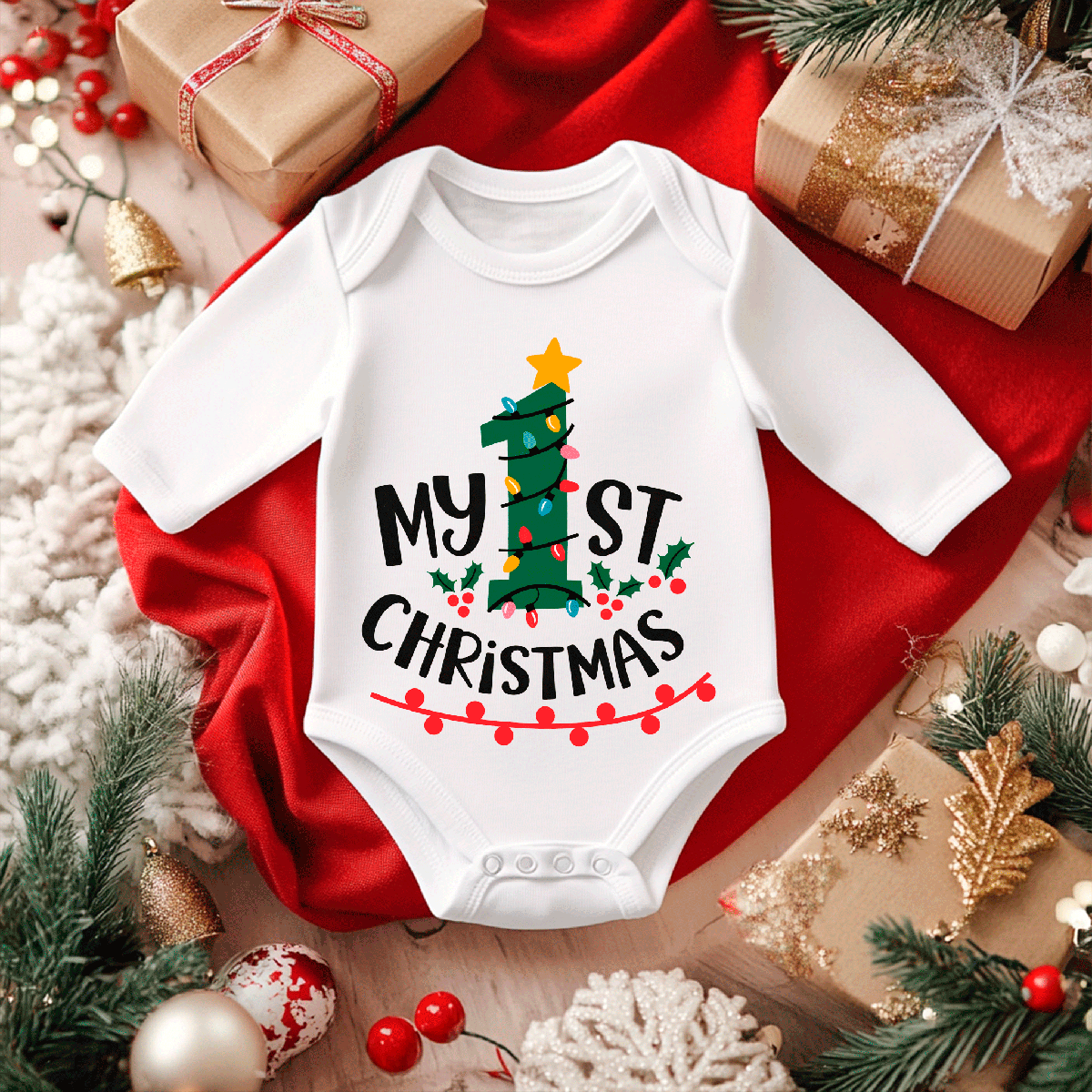 My First Christmas Sublimated Infant Long Sleeve Bodysuits