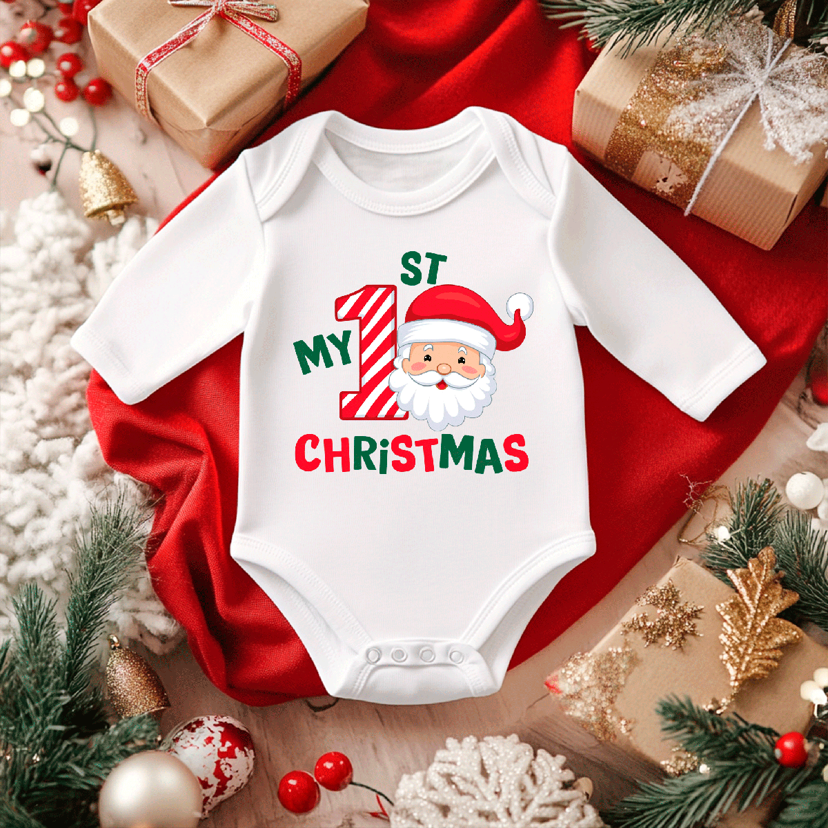 My First Christmas Sublimated Infant Long Sleeve Bodysuits