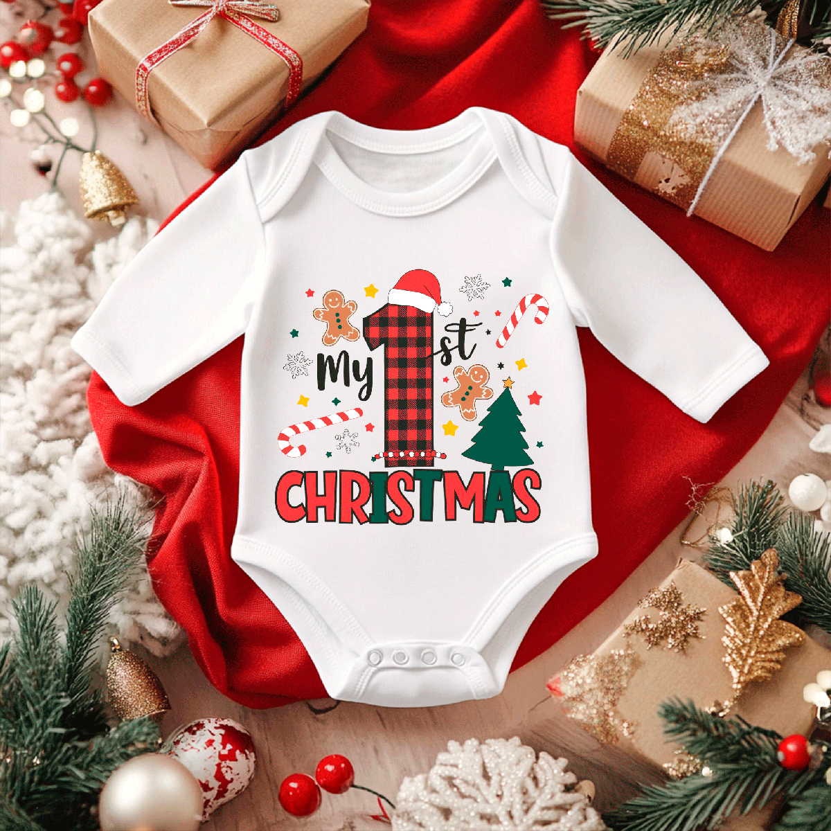My First Christmas Sublimated Infant Long Sleeve Bodysuits
