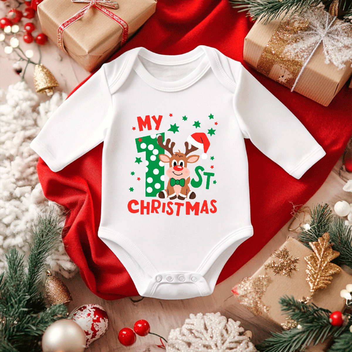 My First Christmas Sublimated Infant Long Sleeve Bodysuits