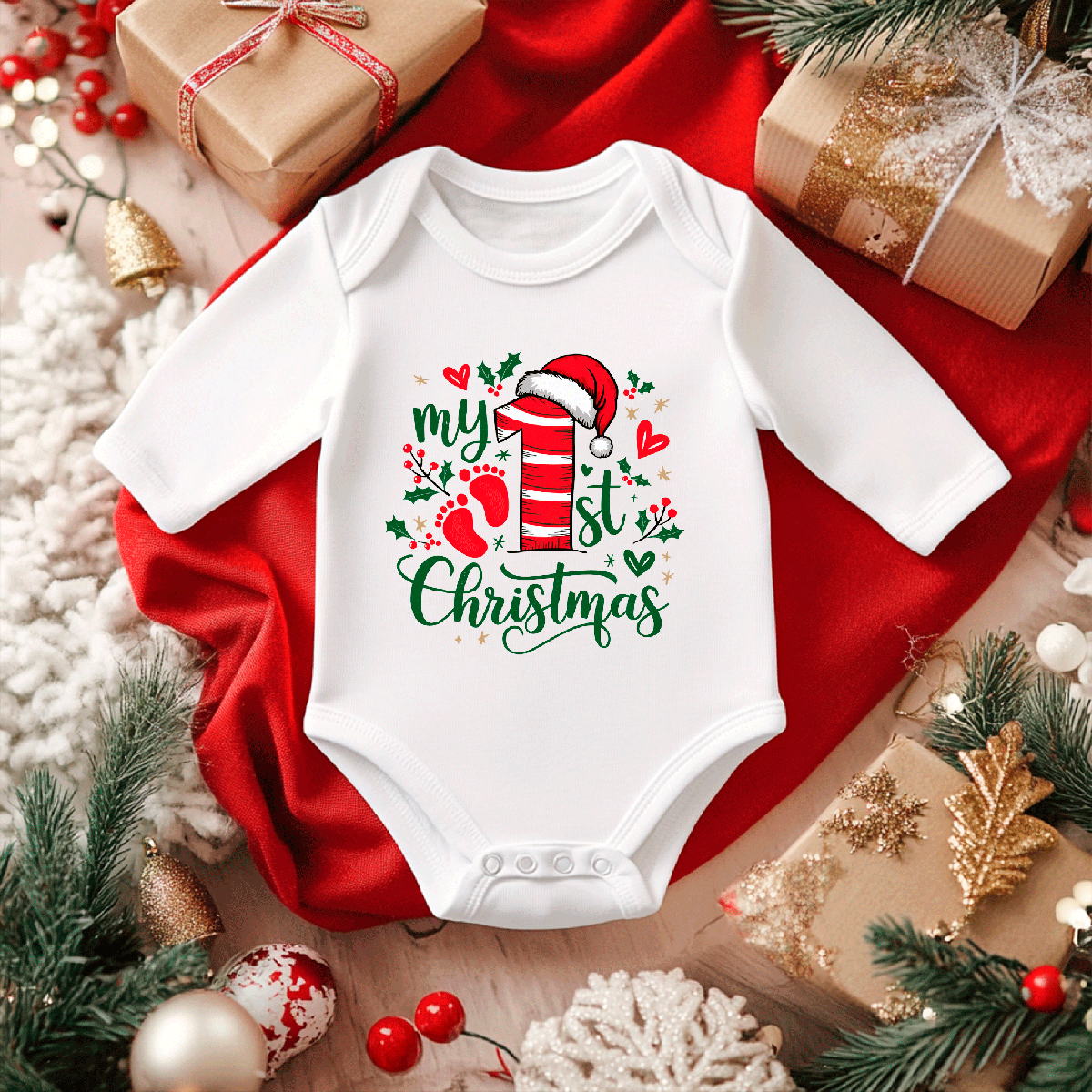 My First Christmas Sublimated Infant Long Sleeve Bodysuits