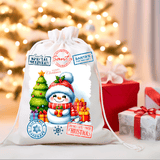 Decorative Christmas sack with a snowman design against a festive background with lights and presents.