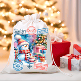 Decorative Christmas sack with festive design and text, placed against a blurred Christmas tree and gift background.