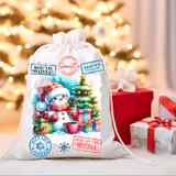 Decorative Christmas sack with festive design and text, placed against a blurred Christmas tree and gift background.