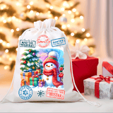 Decorative Christmas sack with a snowman design, surrounded by festive presents and a tree.