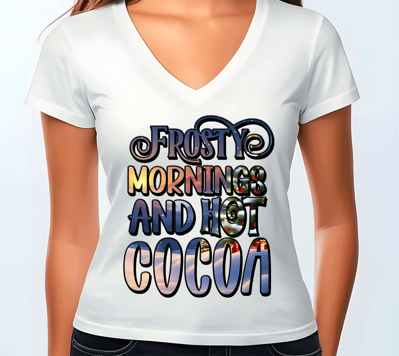 White t-shirt with 'Frosty Mornings and Hot Cocoa' text on a plain background