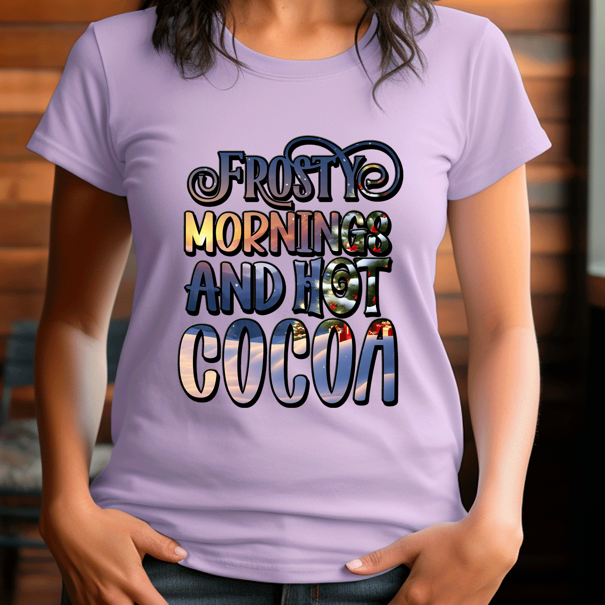 Person wearing a purple t-shirt with 'Frosty mornings and hot cocoa' text.