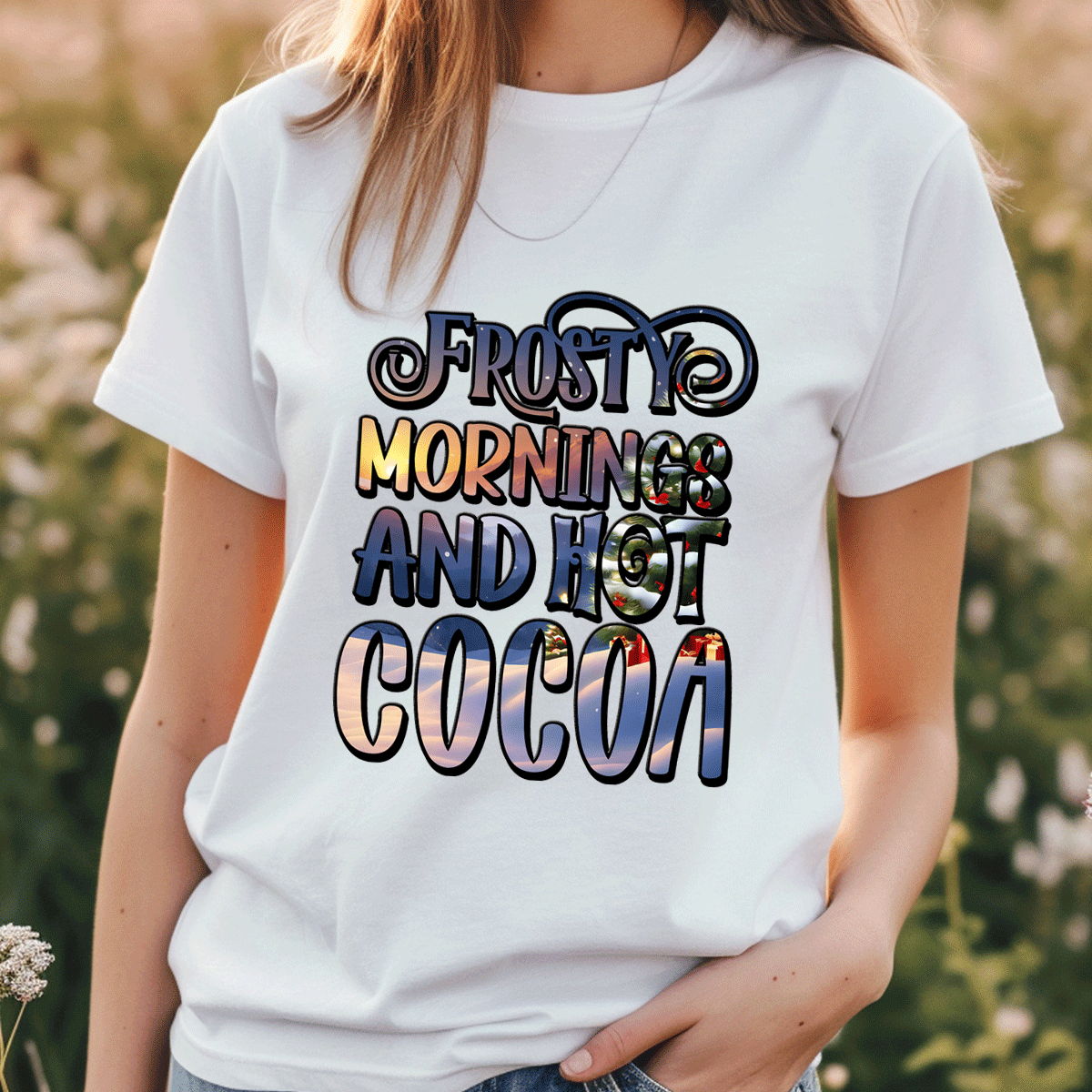 Person wearing a white t-shirt with 'Frosty mornings and hot cocoa' text in a scenic font.