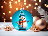 Decorative Christmas ornament with a snowman design on a blurred festive background.