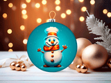 Christmas ornament with a snowman design on a festive background with lights and decorations.