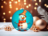 Christmas ornament with a snowman design on a festive background with lights and decorations.