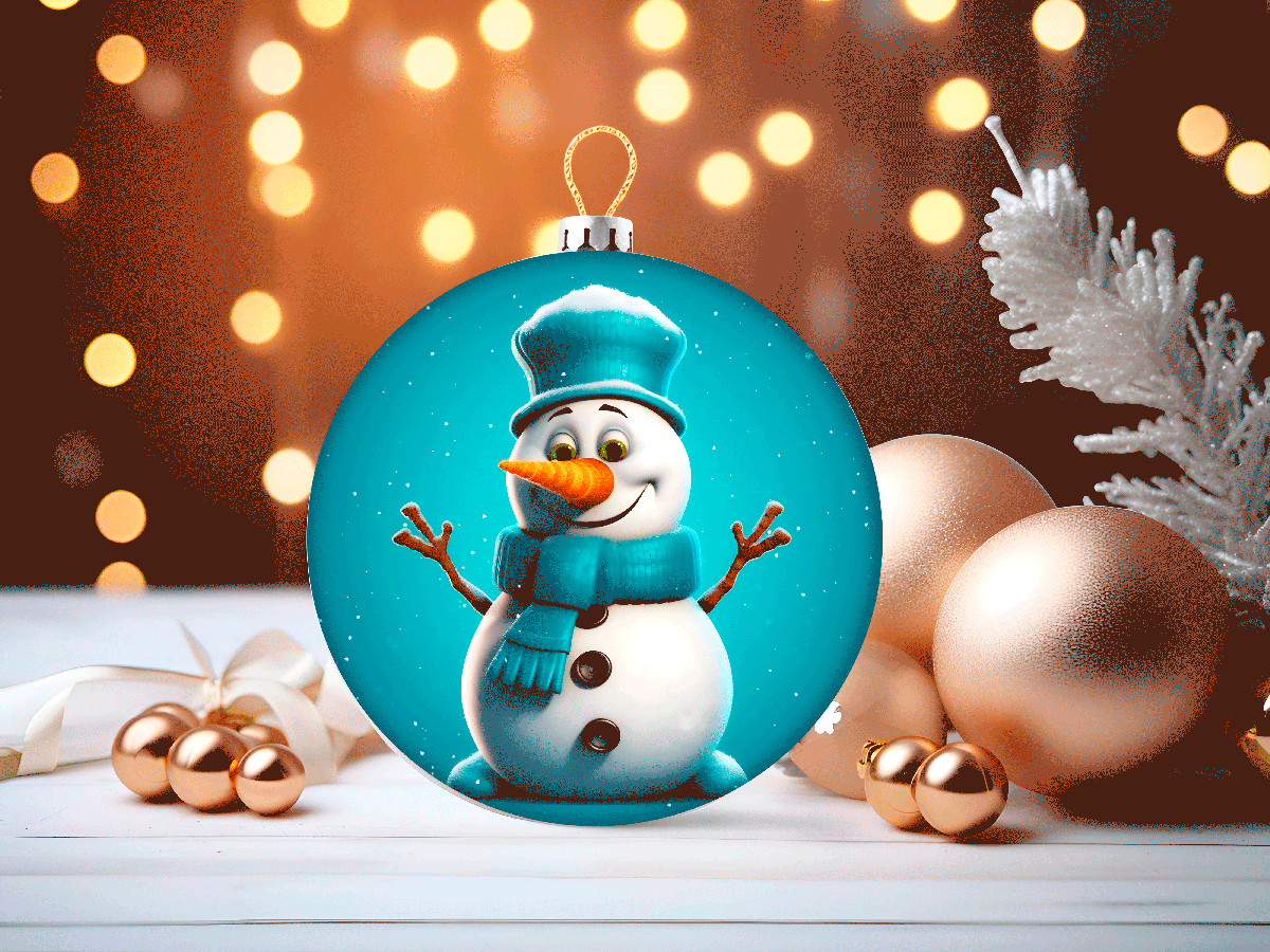Christmas ornament with a snowman design on a festive background with lights and decorations.