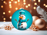 Christmas ornament with a snowman design on a festive background with lights and decorations.